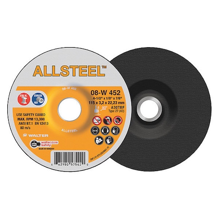 Walter Surface Technologies Allsteel Grinding Disc 4-1/2? X 1/8" X 7/8? T27 Gr:A30 5 08W452
