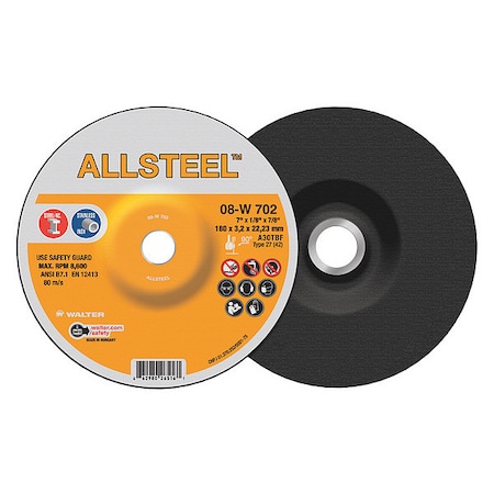 Walter Surface Technologies Allsteel Grinding Disc, 7" x 1/8" x 7/8 08W702