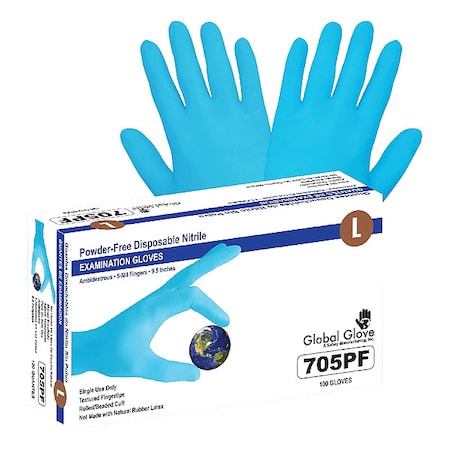 Global Glove & Safety Disposable Gloves, 5 mil Palm, Nitrile, Powder-Free, L, 100 PK, Blue 705PF-L