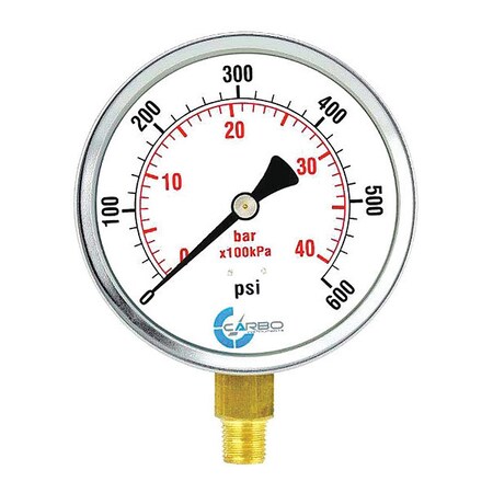 CARBO Instruments 4" Pressure Gauge, Chrome Plated Steel Case, Dry, 0-600 psi/kPa, Lower Mount 1/4" NPT