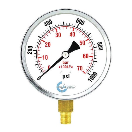 CARBO Instruments 4" Pressure Gauge, Chrome Plated Steel Case, Dry, 0-1000 psi/kPa, Lower Mount 1/4" NPT