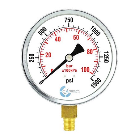 CARBO Instruments 4" Pressure Gauge, Chrome Plated Steel Case, Dry, 0-1500 psi/kPa, Lower Mount 1/4" NPT