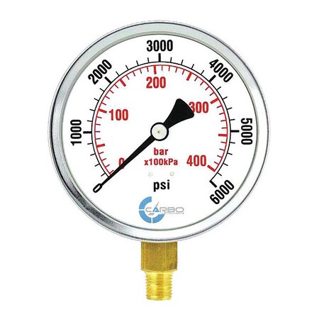 CARBO Instruments 4" Pressure Gauge, Chrome Plated Steel Case, Dry, 0-6000 psi/kPa, Lower Mount 1/4" NPT