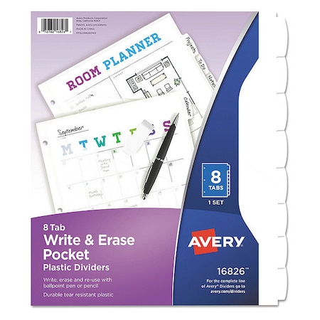 Avery Write/Erase Plastic Dividers w/Pocket, 8-Tab, 9.25" x 11.125", White 16826