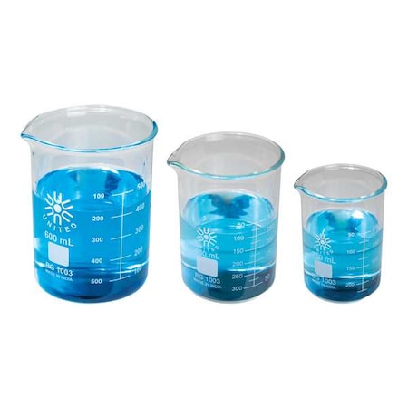 Zoro Select Beaker Set, Borosilicate Glass, Low Form, 250 mL, 400 mL, 600 mL / A Type I BGSET3-HD