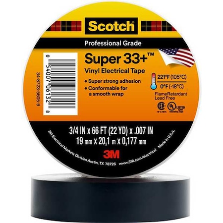 3M Electrical Tape, Vinyl, Black, 22 yd L, 2 in W Super 33+