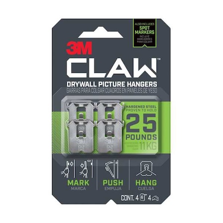 3M Picture Hanger, Silver, Steel, PK4 3PH25M-4ES