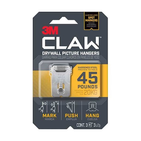 3M Picture Hanger, Silver, Steel, 9/16in D, PK3 3PH45M-3ES