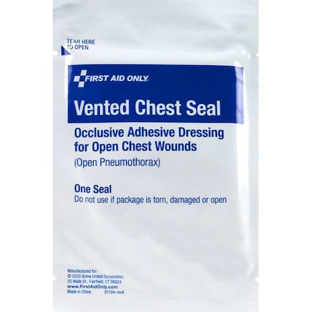 FIRST AID ONLY Vented Chest Seal, 6.5"x2 7/8", Plastic 91194