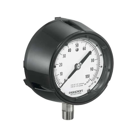 Ashcroft Low Pressure Gauge, 0 to 10 psi, 4 1/2 in Dial, 1/2 in NPT, Lower Location, Phenolic Case Material 451188SS04L10IW