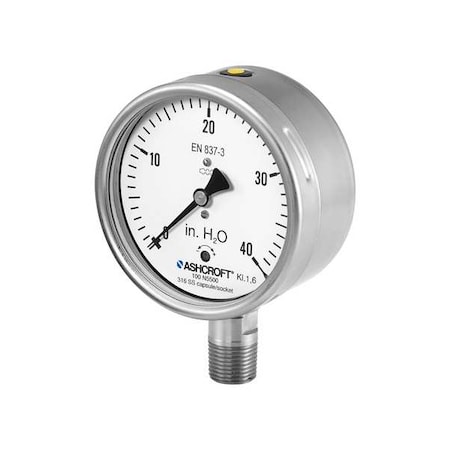 Ashcroft Low Pressure Gauge, 0 to 40 psi, 4 in Dial, 1/2 in NPT, Lower Location 10N5500SD04L40IW
