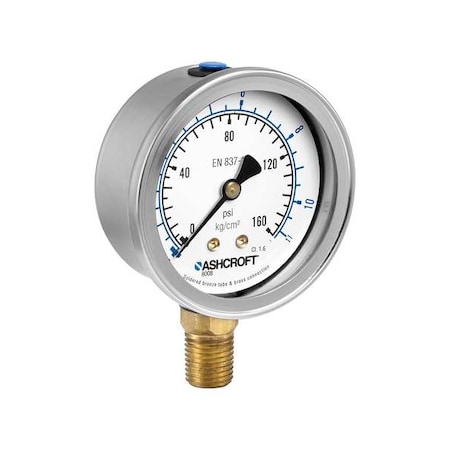 Ashcroft Pressure Gauge, 0 to 200 psi psi, 2 1/2 in Dial, 1/4 in NPT, Bottom Location 638008A4F02LP0L200#