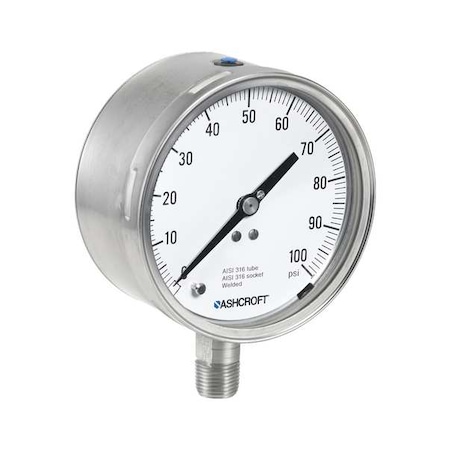 Ashcroft Pressure Gauge, 0 to 1,500 psi, 4 1/2 in Dial, 1/2 in NPT, Bottom Location 451209SD04L1500#