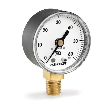 Ashcroft Pressure Gauge, 2 in Dial, 1/4 in MNPT, Bottom Location, ABS Case Material 20W1005PH 02L XRUZG 200#