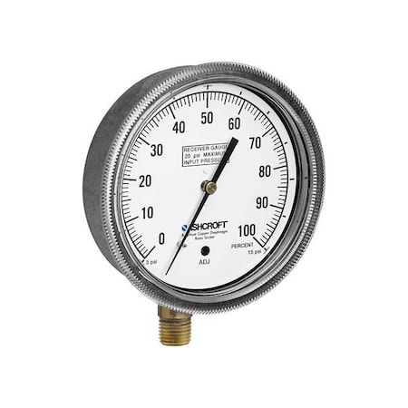 Ashcroft Pressure Gauge, 3 to 15 psi, 3 1/2 in Dial, 1/4 in MNPT, Lower Location, Polysulfone Case Material 351495A02L3-15#