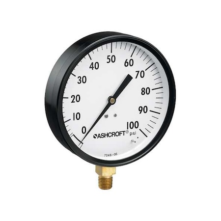 Ashcroft Pressure Gauge, 0 to 60 psi, 4 1/2 in Dial, 1/4 in NPT, Bottom Location, Steel Case Material 45W1000 H 02L XZG 60#