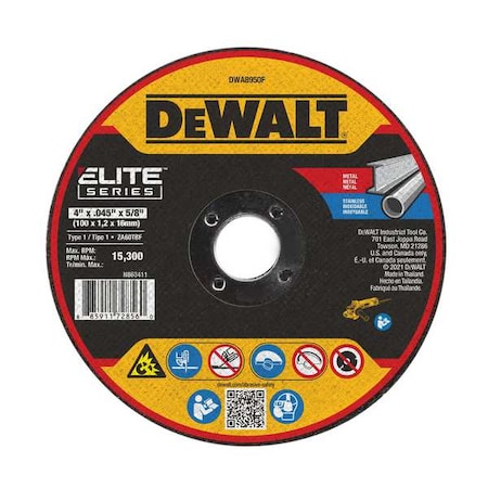 Dewalt Abrasive Cut-Off Wheel, Type 1, 4 in Dia, 0.045 in Thick, 5/8 in Arbor Hole Size, Zirconia Alumina DWA8950F