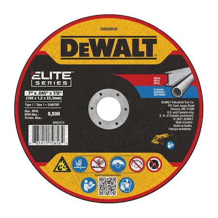 Dewalt Abrasive Cut-Off Wheel, Type 1, 7 in Dia, 0.045 in Thick, 7/8 in Arbor Hole Size, Zirconia Alumina DWA8954F