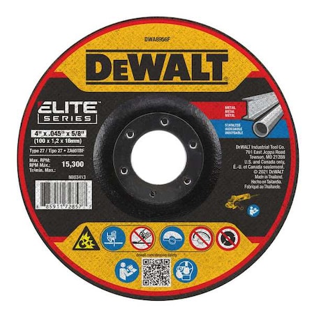Dewalt Depressed Center Cut-Off Wheel, Type 27, 4 in Dia, 0.045 in Thick, 5/8 in Arbor Hole Size, 60 Grit DWA8956F