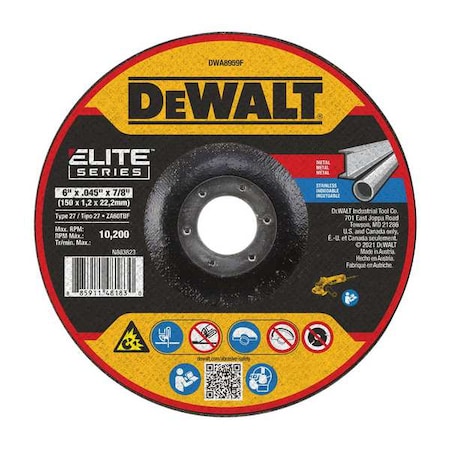 Dewalt Depressed Center Cut-Off Wheel, Type 27, 5 in Dia, 0.045 in Thick, 7/8 in Arbor Hole Size, 60 Grit DWA8958F
