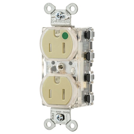 Hubbell Straight Blade Receptacle, 5-15R, 15 A, 125V AC, 2 Pole, 3 Wire, Flush Mount, Grounded SNAP8200ILTR