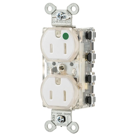 Hubbell Straight Blade Receptacle, 5-15R, 15 A, 125V AC, 2 Pole, 3 Wire, Flush Mount, Grounded SNAP8200WLTR