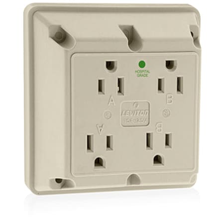 Leviton Straight Blade Receptacle, 5-15R, 15 A, 125V AC, 2 Pole, 3 Wire, Surface Mount, Grounded 1254-HI