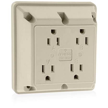 Leviton Straight Blade Receptacle, 5-15R, 15 A, 125V AC, 2 Pole, 3 Wire, Surface Mount, Grounded 1254-I