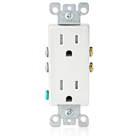 Leviton Straight Blade Receptacle, 5-15R, 15 A, 125V AC, 2 Pole, 3 Wire, Flush Mount, Grounded T5325-W