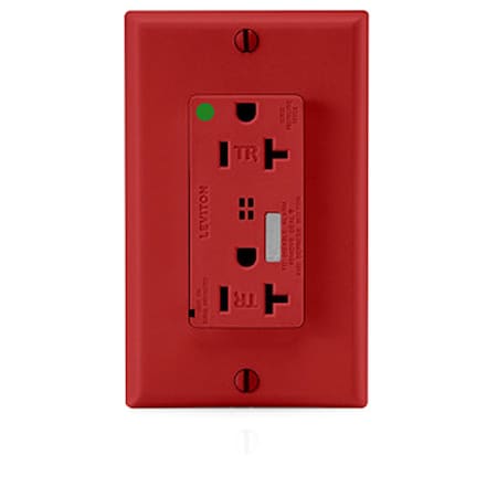 Leviton Straight Blade Receptacle, 5-20R, 20 A, 125V AC, 2 Pole, 3 Wire, Flush Mount, Single, Red T8380-R