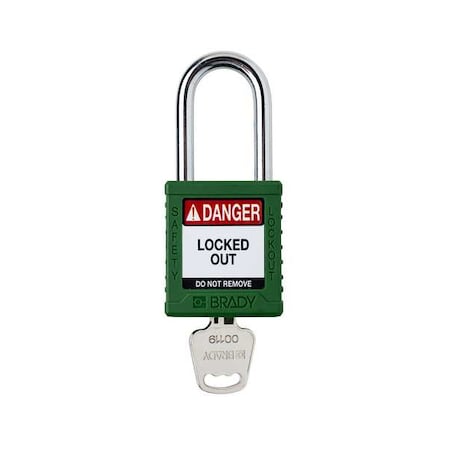 Brady Padlock, Keyed Different, Nylon, Green, 1 1/2 in Shackle Height, 1 1/2 in Body Width, 1 No. of Keys SDPL-GRN-38ST-KD