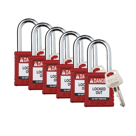 Brady Padlock, Keyed Alike, Nylon, Red, 1 1/2 in Shackle Height, 1 1/2 in Body Width, 6 No. of Keys, 6 PK SDPL-RED-38ST-KA6