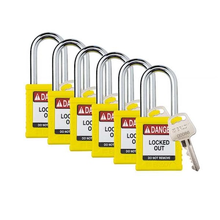 Brady Padlock, Keyed Alike, Nylon, Yellow, 1 1/2 in Shackle Height, 1 1/2 in Body Width, 6 No. of Keys SDPL-YLW-38ST-KA6