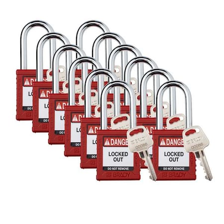 Brady Padlock, Keyed Alike, Nylon, Red, 1 1/2 in Shackle Height, 1 1/2 in Body Width, 12 No. of Keys SDPL-RED-38ST-KA12