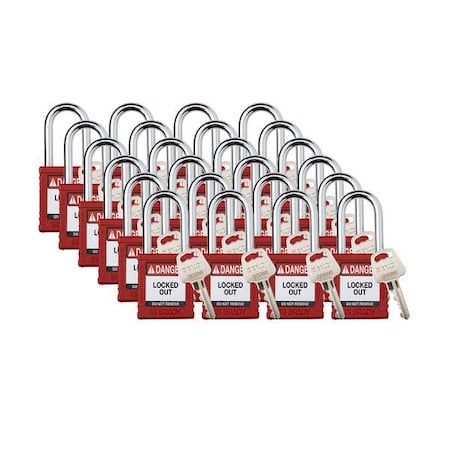 Brady Padlock, Keyed Different, Nylon, Red, 1 1/2 in Shackle Height, 1 1/2 in Body Width, 48 No. of Keys SDPL-RED-38ST-KD24