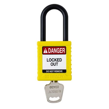 Brady Padlock, Keyed Different, Nylon, Yellow, 1 1/2 in Shackle Height, 1 1/2 in Body Width SDPL-YLW-38PL-KD