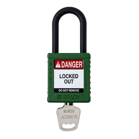 Brady Padlock, Keyed Different, Nylon, Green, 1 1/2 in Shackle Height, 1 1/2 in Body Width, 1 No. of Keys SDPL-GRN-38PL-KD