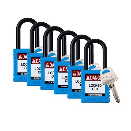 Brady Padlock, Keyed Alike, Nylon, Blue, 1 1/2 in Shackle Height, 1 1/2 in Body Width, 6 No. of Keys SDPL-BLU-38PL-KA6