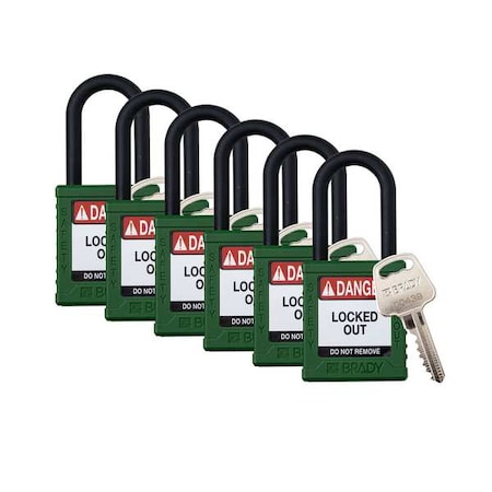 Brady Padlock, Keyed Different, Nylon, Green, 1 1/2 in Shackle Height, 1 1/2 in Body Width, 6 No. of Keys SDPL-GRN-38PL-KD6
