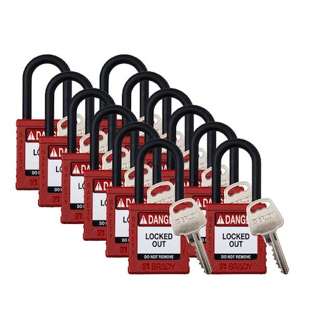 Brady Padlock, Keyed Different, Nylon, Red, 1 1/2 in Shackle Height, 1 1/2 in Body Width, 12 No. of Keys Y6083286
