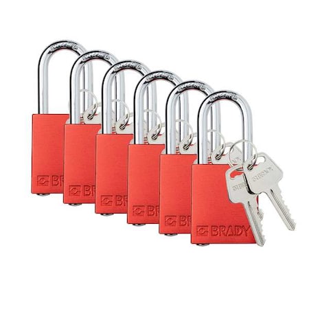 Brady Padlock, Keyed Alike, Aluminum, Red, 1 1/2 in Shackle Height, 1 1/2 in Body Width, 12 No. of Keys SDAL-RED-38ST-KA6