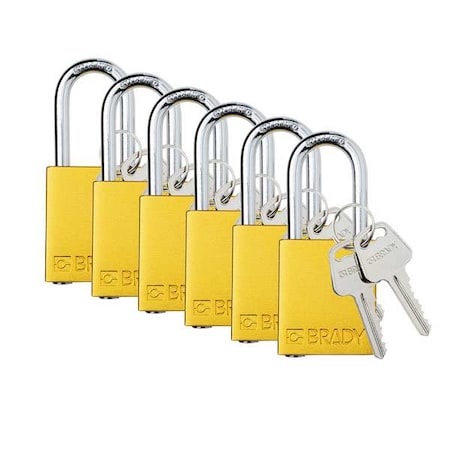 Brady Padlock, Keyed Alike, Aluminum, Yellow, 1 1/2 in Shackle Height, 1 1/2 in Body Width, 6 PK SDAL-YLW-38ST-KA6