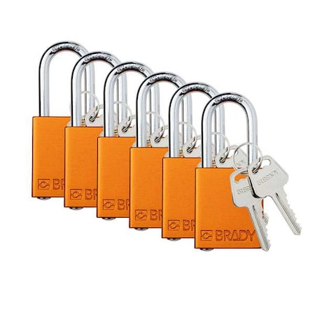 Brady Padlock, Keyed Alike, Aluminum, Orange, 1 1/2 in Shackle Height, 1 1/2 in Body Width, 6 PK SDAL-ORG-38ST-KA6