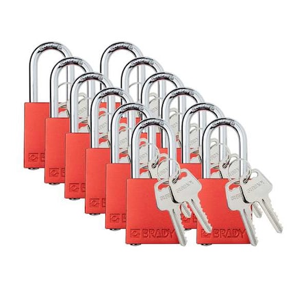 Brady Padlock, Keyed Different, Aluminum, Red, 1 1/2 in Shackle Height, 1 1/2 in Body Width, 12 PK SDAL-RED-38ST-KD12