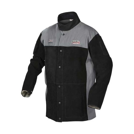 Lincoln Electric Welding Jacket, Cotton, Fabric, 9 oz, 30 in Length, Button, Velcro Closure, 1 Pockets, Black/Gray K4933-XL