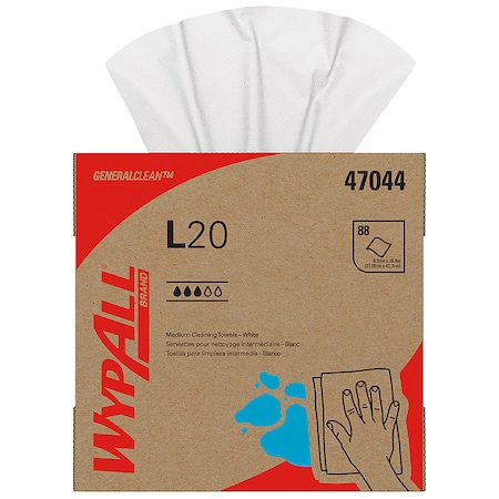 Wypall WypAll General Clean L20 Medium Cleaning Cloths, Pop-Up, White, 4-Ply, 10 Boxes/Case, 88 Sheets/Box 47044