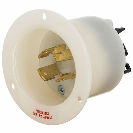 Hubbell Wiring Device-Kellems Locking Receptacle, 20 A, 480V AC, Three Phase, 3 Pole, Flush Mount, Spring Clamp Terminals, White HBL2435ST