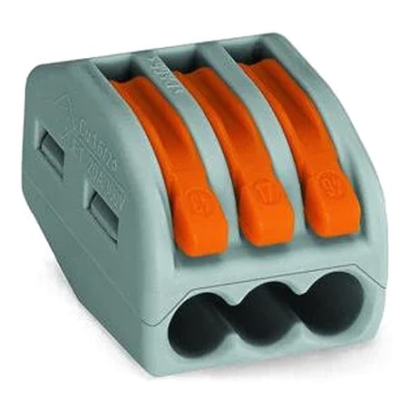 Wago Push-In Wire Connector, 12 AWG Max, 3 Port, Gray, Polycarbonate Insulation, 600 V, 20 A 222-413