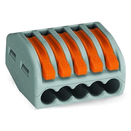 Wago Push-In Wire Connector, 12 AWG Max, 5 Port, Gray, None Insulation, 600 V, 20 A 222-415