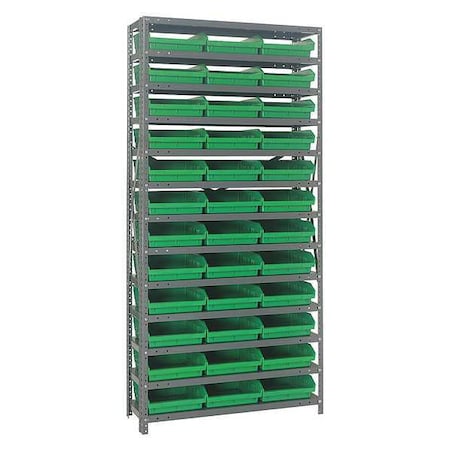 Quantum Storage Systems Steel Bin Shelving, 12 in D x 75 in H x 36 in W, 13 Shelves, Green 1275-109GN